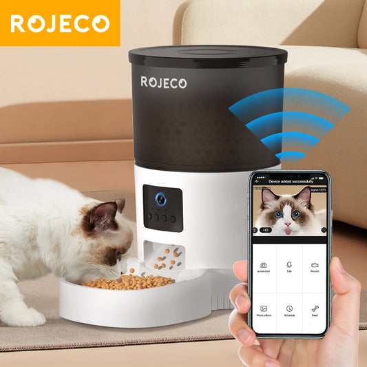 ROJECO 3L Automatic Pets Feeder With Carmen Smart Cat Food Dispenser For Dogs WIFI Rechargeable Feeders For Cats Remote Feeding