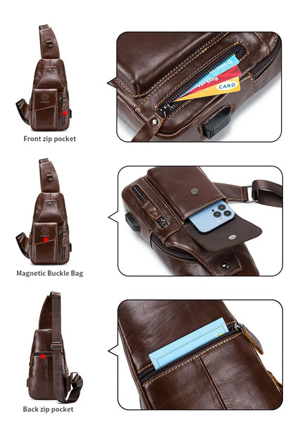 SCHLATUM Genuine Leather Chest Bag Men Fashion Style Casual Straddle Bag Business Large Capacity Multifunctional Shoulder Bag