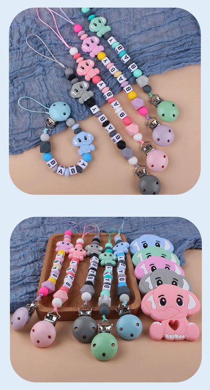 Baby Personalized Name Pacifier Clip Newborn Pacifiers Holder Custom Elephant Gum Nipple Chain Set Silicone Teething Toy Gift