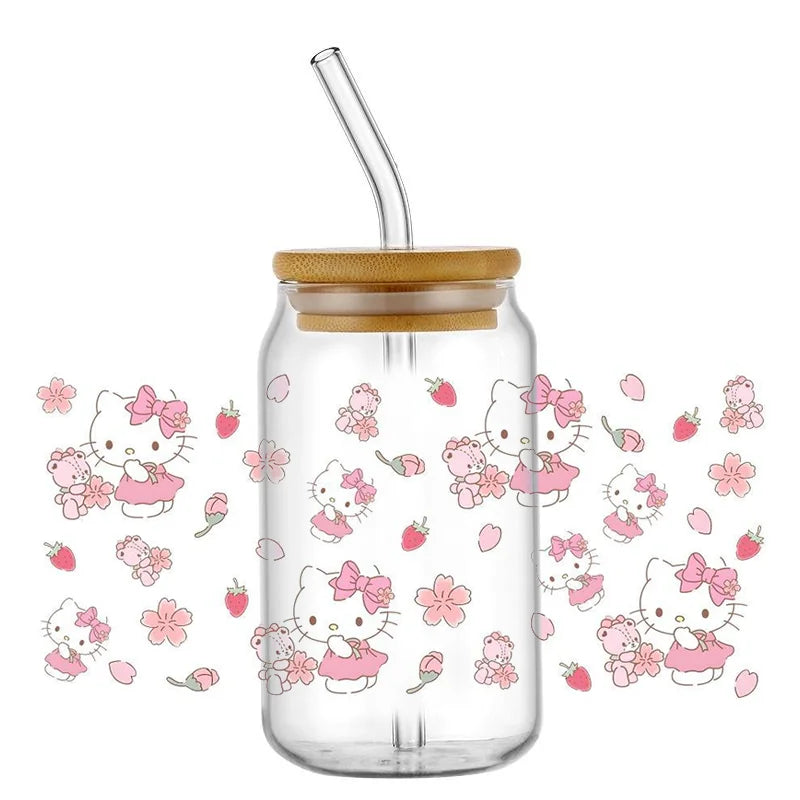 Miniso New Hello Kitty Theme For Libbey 16oz Can Glass Kuromi Coffee Waterproof UV DTF Coffee Can Wrap Libbey Glass 3D Wrap