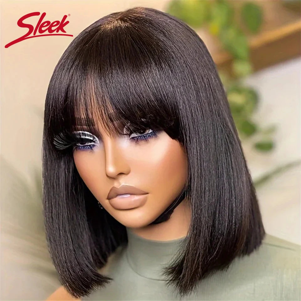 Nature Black Straight Bob Wigs With Bang Sleek Brazilian Short Hair Bob Wigs For Black Women Red 99J Glueless Machine Made Cheap