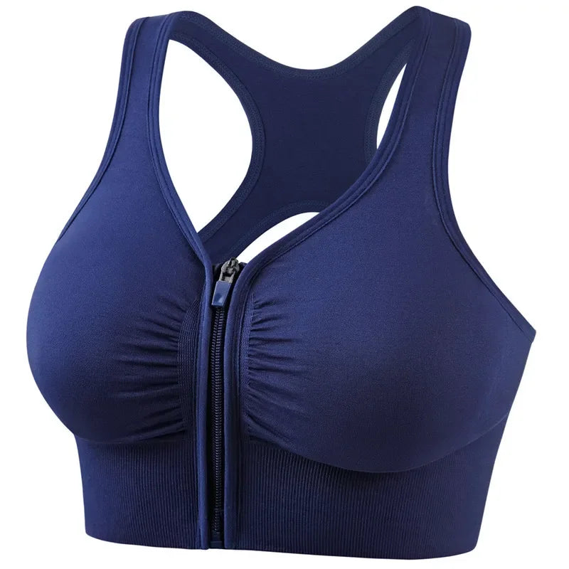 1 Piece Plus Size Sports Bra, Women's Plus Zipper Front Cut Out Racer Back Shockproof Fitness Bra