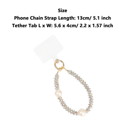 Women Cell Phone Sparkling Lanyard Pearls Beads Diamond Phone Straps with Tether Tab Phone Case Chain Hands-Free Wrist Strap