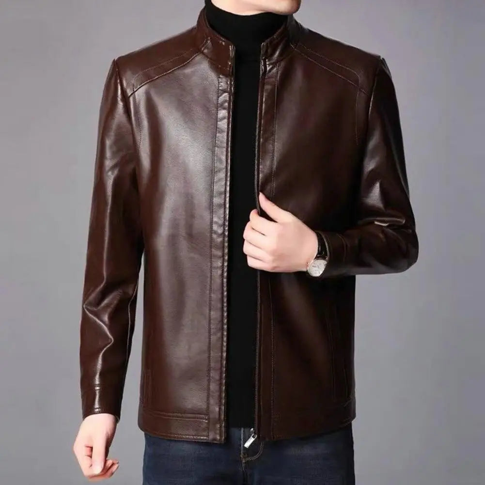 Men Jacket Faux Leather Solid Color Stand Collar Coat Smooth Zipper Neck Windproof Outerwear For Autumn Winter