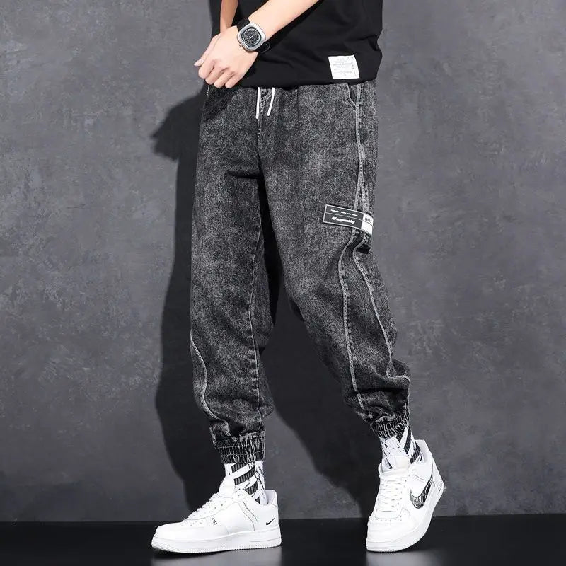 Loose Elastic Waist Denim Jeans for Men 2024 Fashion Casual Spring Workwear Foot-Tied Pants with Brand Workwear Baggy Trousers