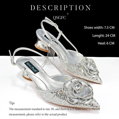 New Arrival Elegant Full of Rhinestone Flower Design Style White Color Party Wedding Pointed Toe Women Shoes and Bag Set