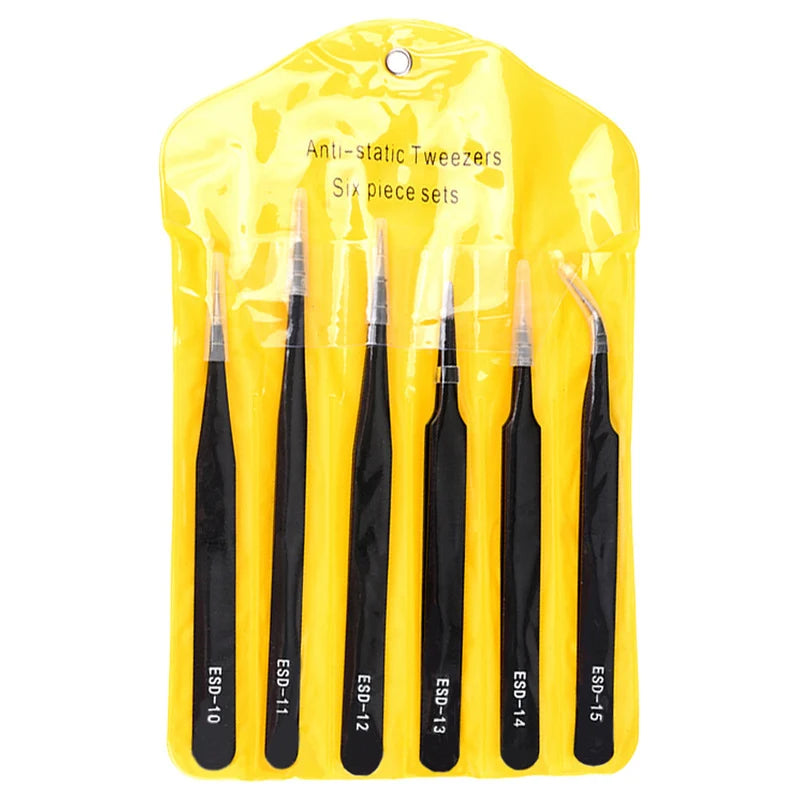 6PCS ESD Anti-Static Stainless Steel Tweezers Precision Maintenance Industrial Repair Curved Home Working Hand Phone Watch Tool