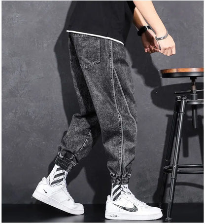 Loose Elastic Waist Denim Jeans for Men 2024 Fashion Casual Spring Workwear Foot-Tied Pants with Brand Workwear Baggy Trousers