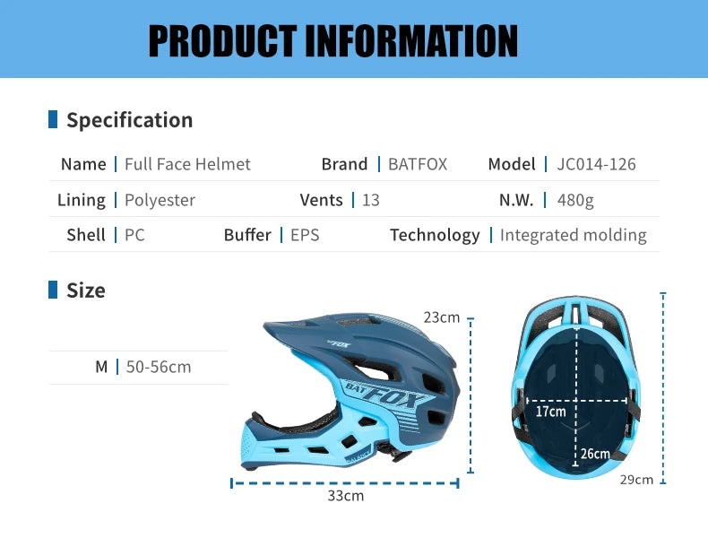 BATFOX bicycle helmet for children Full Face Motocross helmet MTB Detachable Mountain Bike Helmet child Moto cross helmet