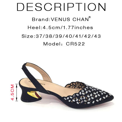 Venus Chan Low Heel Shoes for Women Hollowed Out Embroidery Rhinestone Italian Design Gold Color Pointed-Toe Shoes and Bags Set