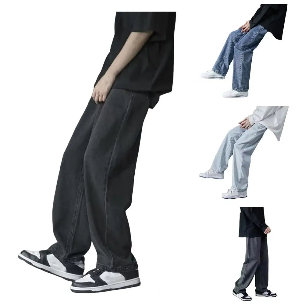 Retro Men Jeans Wide Leg Pants Baggy Fashion Loose Straight Long Pants Washed Denim Blend Wide Leg Jeans