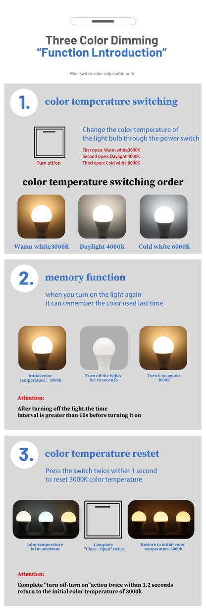 1-20pcs LED 3 Color adjusted Bulb AC110V 220V E27 B22 base Light Bulb 3CCT（3000K 4000K 6000K） Memory Function Color Temp Reset