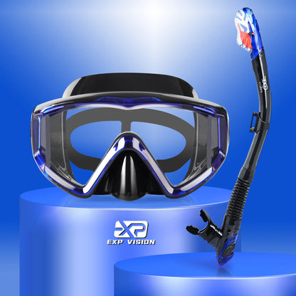 Dry Snorkel Set, Pano 3 Window Snorkel Mask, Anti-Fog Scuba Diving Goggle and Snorkel, Adult Snorkeling Swim Mask with  PC  Lens