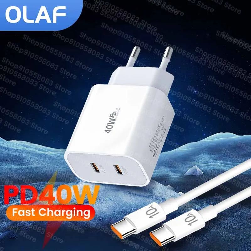 40W USB C Charger Dual Type C PD Fast Charging Charger Wall Adapter For iPhone 15 iPad Samsung Xiaomi 10A USB C Charging Cable