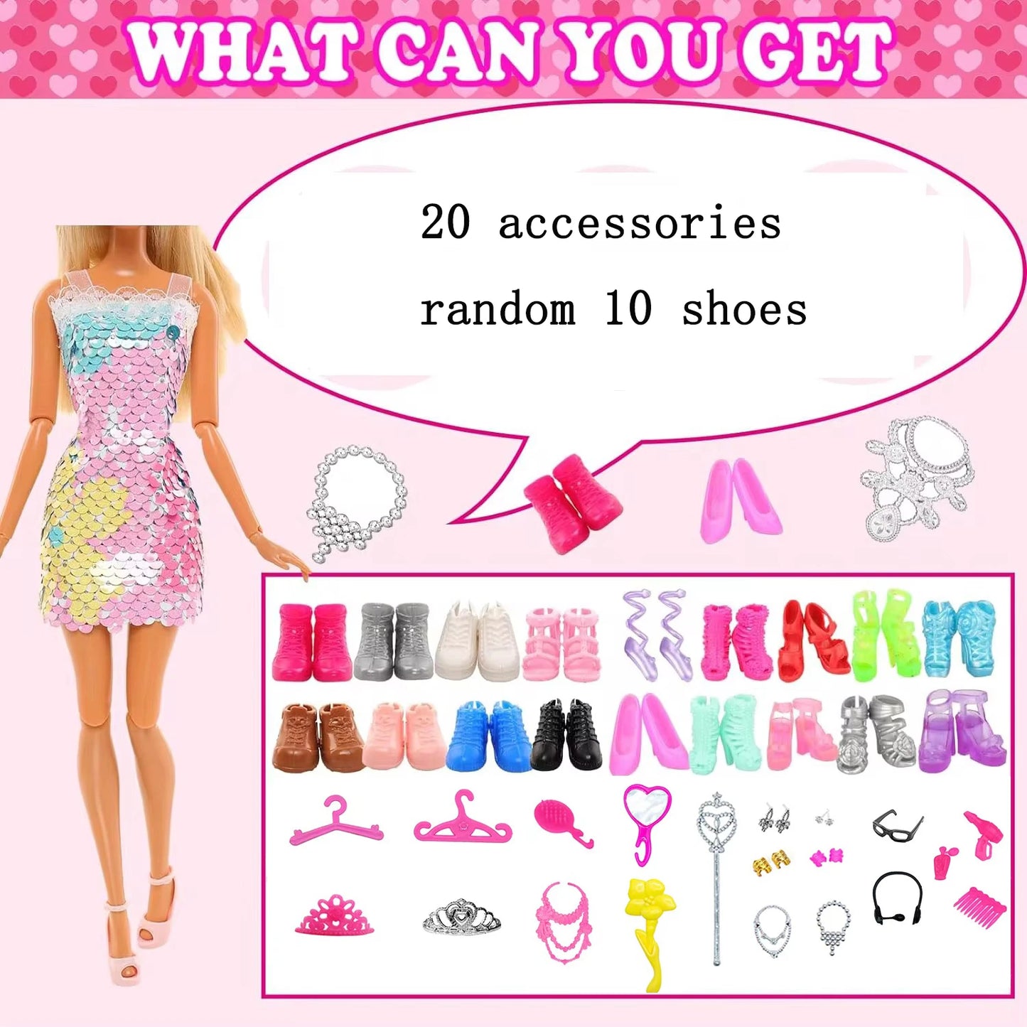 45PCS 11.5'' Doll Clothes =2 Wedding Gown 2 Tops 2 Pants 2 Dress 2 Swimsuit 5 Braces Skirt 10 shoes 22 Accessories for Barbie