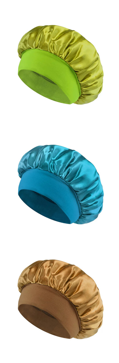 Women Satin Bonnet Hair Bonnet for Sleeping Hair Care Silk Bonnets Solid Wide-brimmed Sleeping Hat with Elastic Soft Band