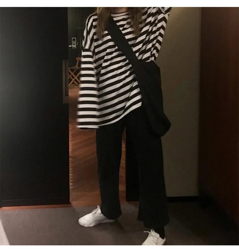 Spring Autumn Women Harajuku Striped T Shirt Long Sleeve O-Neck T-Shirts Korean Casual Oversized T Shirt Femme Black Tops