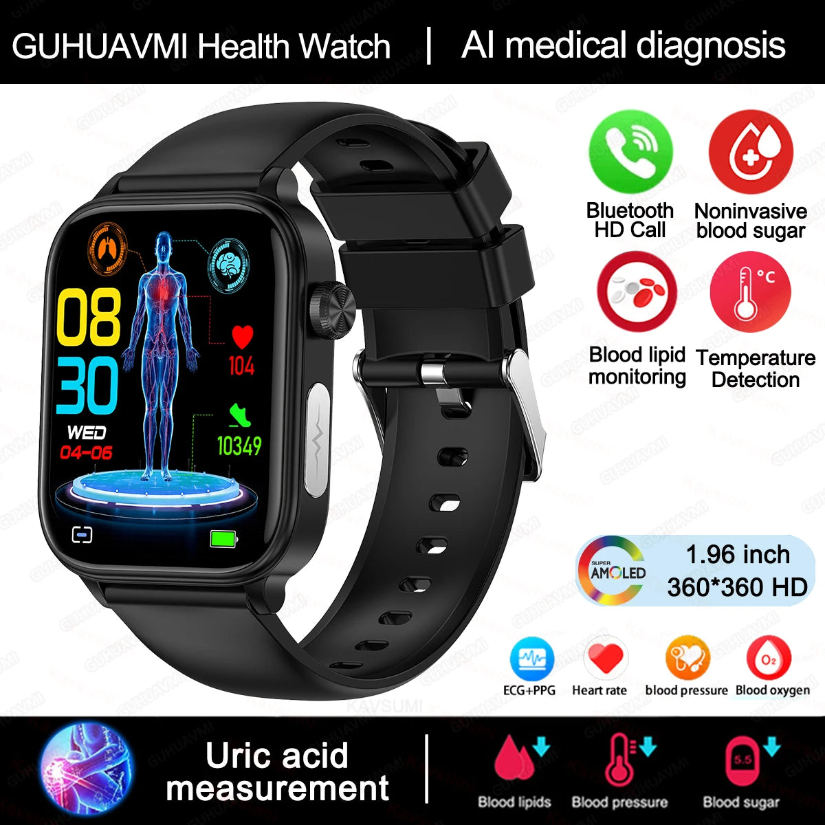 AI Medical Grade Health Smart Watch Women ECG+PPG+HRV Micro Examination Blood Sugar Fat Uric Acid Heart Rate BT Call Smartwatch