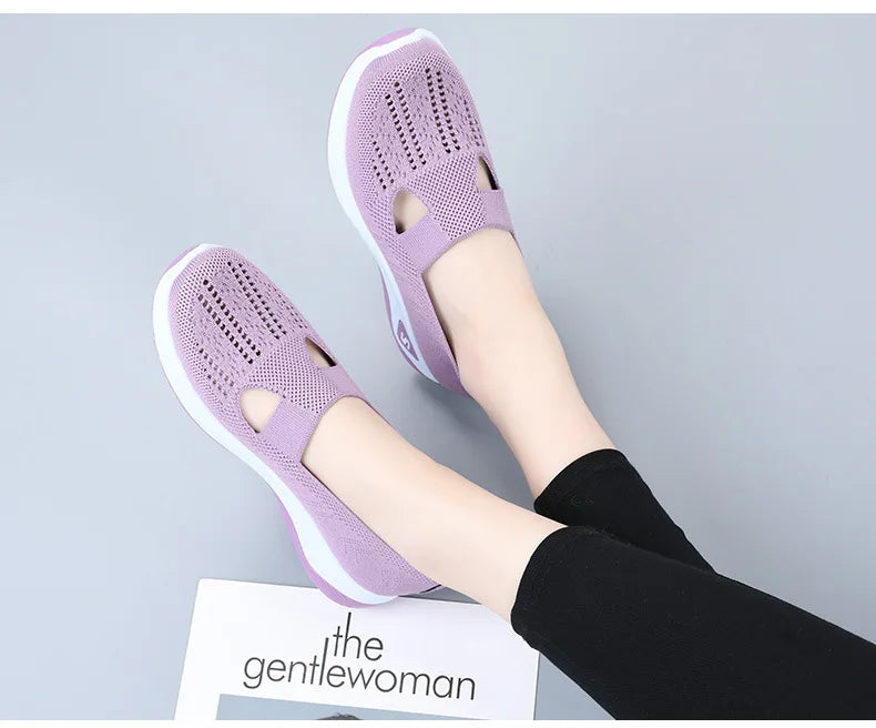 Women's New Summer Shoes Mesh Breathable Sneakers Light Slip on Flat Platform Casual Shoes Ladies Anti-slip Walking Woven Shoes