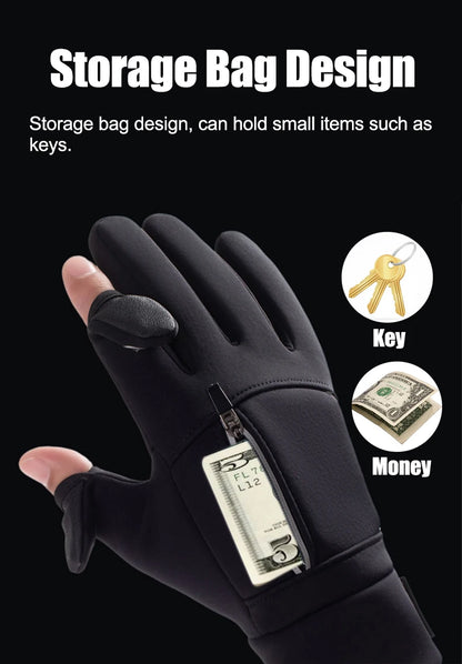 Winter Warm Gloves Flip Over Expose Two Fingers Gloves Waterproof Windproof Touch Screen Gloves Cycling Ski Fishing Gloves