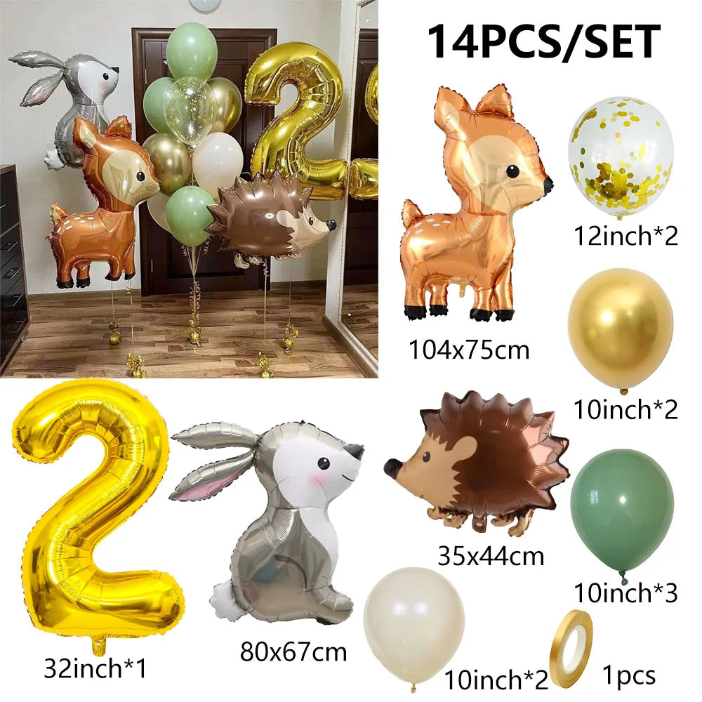 14pcs Gold 32inch Number Animal Foil Balloon Birthday Party Decorations Kids Boy Girl 1 2 3 4 5 6 7 8 9 Year Old Safari Supplies