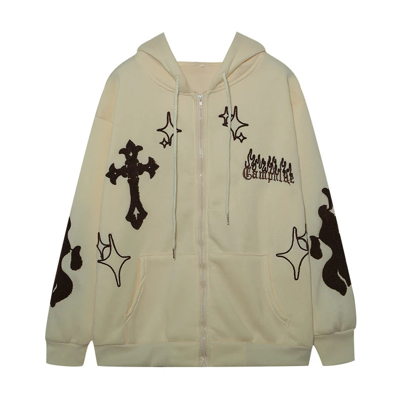 Europe and the United States Autumn and Winter Hoodie Embroidered Cross Fire Jacket Plus Cashmere Lovers Loose Sweater