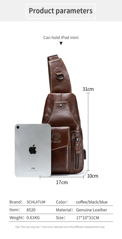 SCHLATUM Genuine Leather Chest Bag Men Fashion Style Casual Straddle Bag Business Large Capacity Multifunctional Shoulder Bag