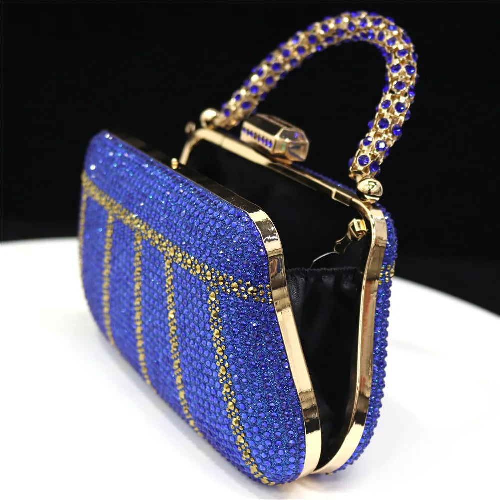 Popular In Nigeria Exquisite Evening Bags With Diamond Design Fashion Handle Clutch Rhinestone Embellished Long Chain Bag