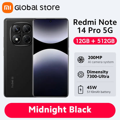 Global Version Redmi Note 14 Pro 5G Smartphone MediaTek Dimensity 7300-Ultra 200MP AI Camera 5110mAh 6.67" AMOLED 45W Charging