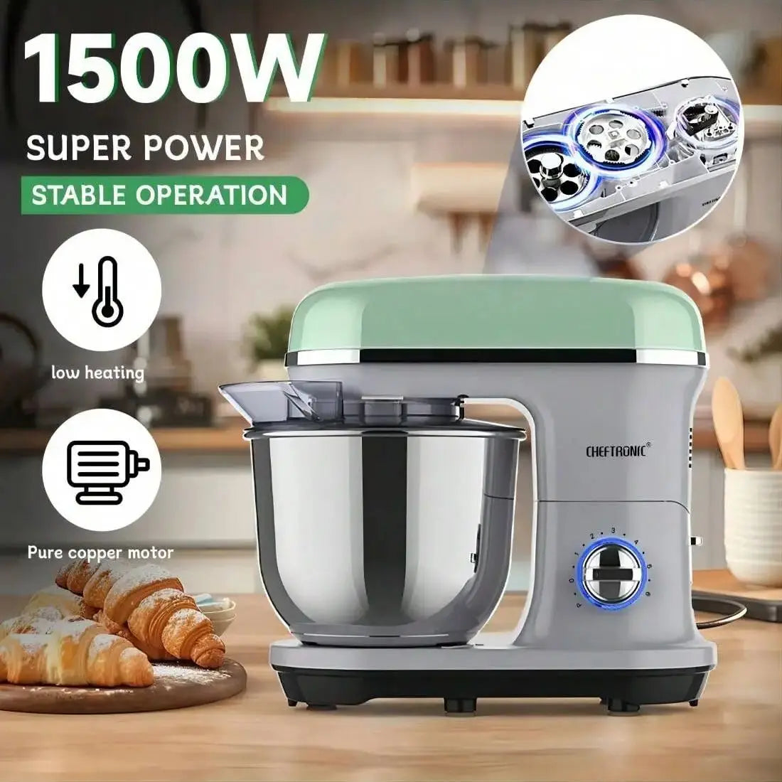 1pc CHEFTRONIC Stand Mixer, 5.2L Tilt-Head Electric Household food processors - 1500W 6+P Speed, home appliance, EC Plug