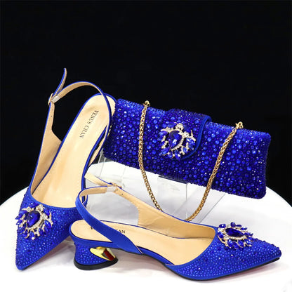 Elegant And Sexy Champagne Color High Heels Shoes And Bag With Rhinestone Embellished Toe Is Comfortable Women's Shoes For Party