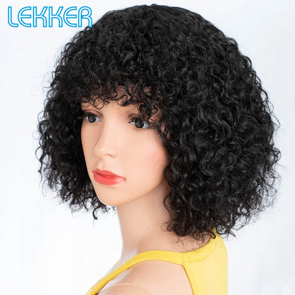 Lekker Colored Short Pixie Afro Kinky Curly Bob 100% Human Hair Wigs With Bangs For Women Brazilian Remy Hair Ombre Brown Wigs