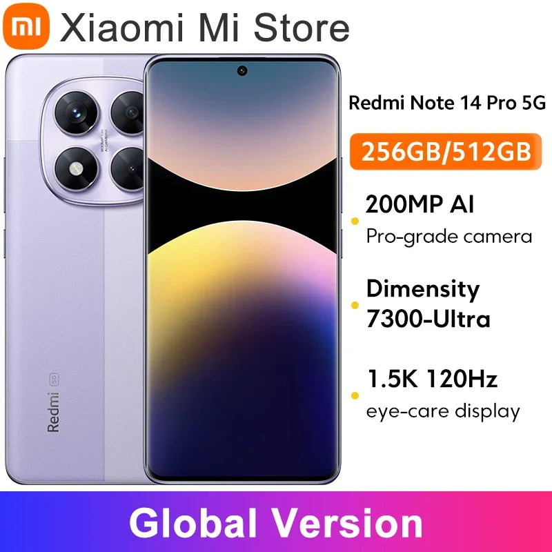 Global Version Xiaomi Redmi Note 14 Pro 5G Smartphone MediaTek Dimensity 7300-Ultra 200MP AI camera 6.67"AMOLED display NFC IP68