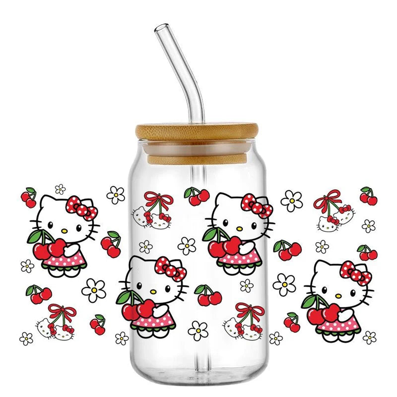 Miniso New Hello Kitty Theme For Libbey 16oz Can Glass Kuromi Coffee Waterproof UV DTF Coffee Can Wrap Libbey Glass 3D Wrap