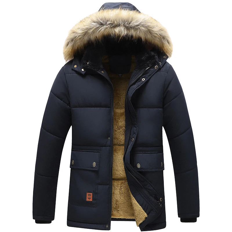 Men 2024 Winter New Windproof Fleece Warm Thick Jacket Parkas Coat Men Fashion Hooded Fur Collar Jacket Classic Casual Parka Men