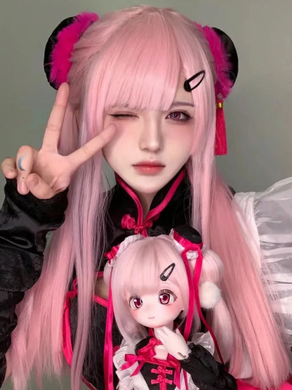 Pink Wig Women's Long Hair Air Bangs Long Straight Hair Lolita Natural round Face Halloween Cos Full-Head Wig Style