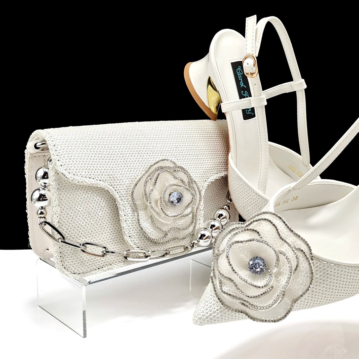 New Arrival Elegant Full of Rhinestone Flower Design Style White Color Party Wedding Pointed Toe Women Shoes and Bag Set