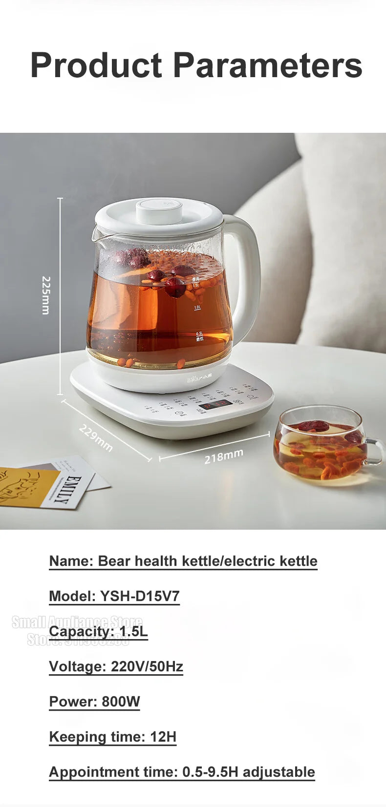 Bear Health Pot Portable Electric Kettle 1.5L Capacity Multifunctional Household Appliance Automatic Insulation Water Boiler