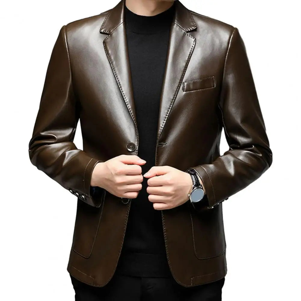 Men Jacket with Button Decoration Long-lasting Wear Men Jacket Stylish Lapel Collar Men's Leather Jacket for Outdoor for Men