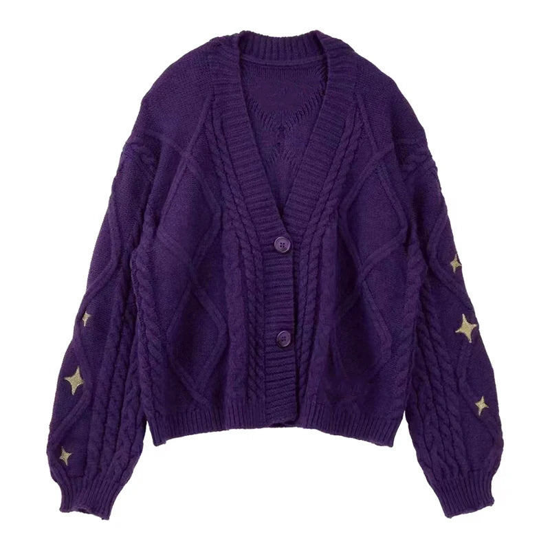 Autumn Winter Women Speak Now Cardigan Y2k Star Embroidered Knitted Cardigan Vintage Long Sleeve Sweater Coat