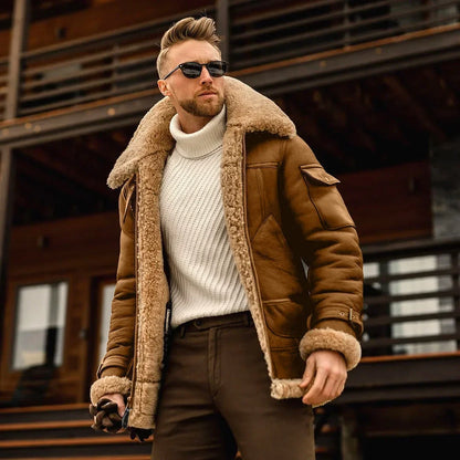 Men Autumn Winter Coat Jacket Faux Leather Solid Color Turndown Collar Zippers Pockets Warm Comfortable Fashion Casual Regular