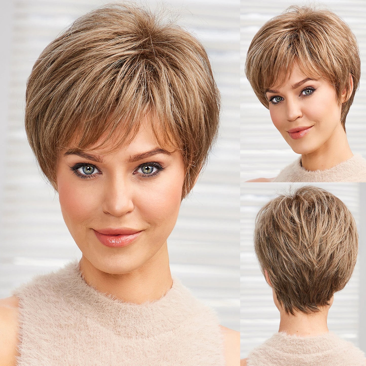 Light Blonde Mixed Off-White Short Pixie Cut Wigs for Women With Bangs Kanekalon Human-hair Like Texture Natural Layered Hair