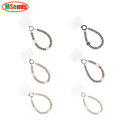 Women Cell Phone Sparkling Lanyard Pearls Beads Diamond Phone Straps with Tether Tab Phone Case Chain Hands-Free Wrist Strap