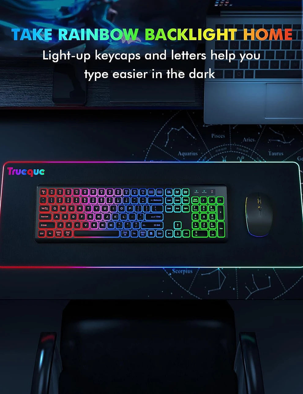 Wireless Keyboard and Mouse Combo RGB Backlit, Rechargeable Light Up Letters, Full-Size, Ergonomic, Sleep Mode, 2.4GHz