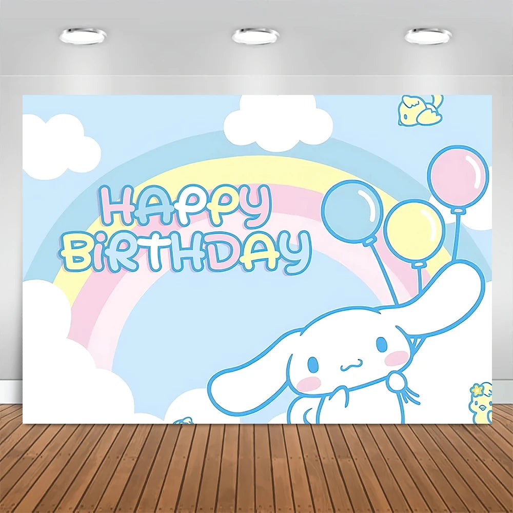 Sanrio Backdrops Banner Rainbow Balloons Cartoon Cinnamoroll Children's Happy Birthday Party Decor Photo Background Booth Props