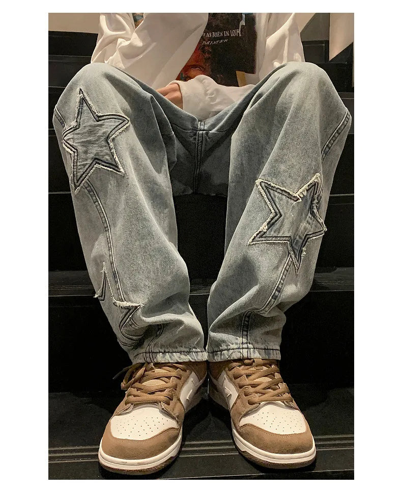 New Fashion Five-pointed Star Jeans Men High-waisted Vintage Streetwear Men Pants Baggy Winter Wide-leg Jeans Denim Men Clothing