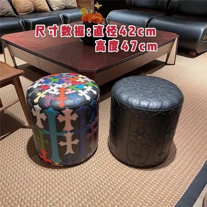 Light Luxury American Cross-stitch Leather Stool, Shoe Changing Stool for Home Living Room, Makeup Stool, Sofa Pillow