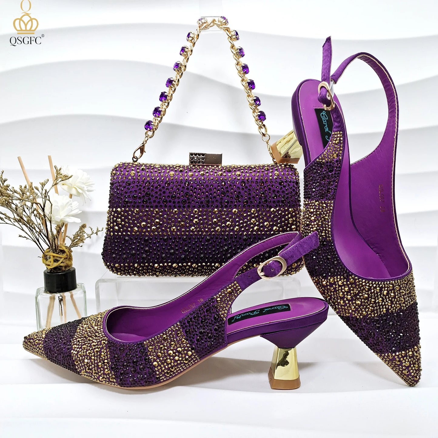 QSGFC INS 2024 Gold Color Elegant Women Heels Shoes and Bag Set Hollow Rhinestones  High Heels Wedges Shoes Matching Bag