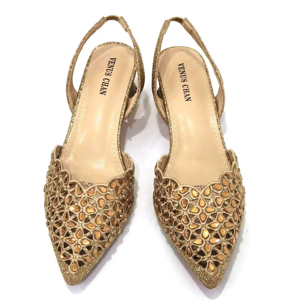 Venus Chan Low Heel Shoes for Women Hollowed Out Embroidery Rhinestone Italian Design Gold Color Pointed-Toe Shoes and Bags Set