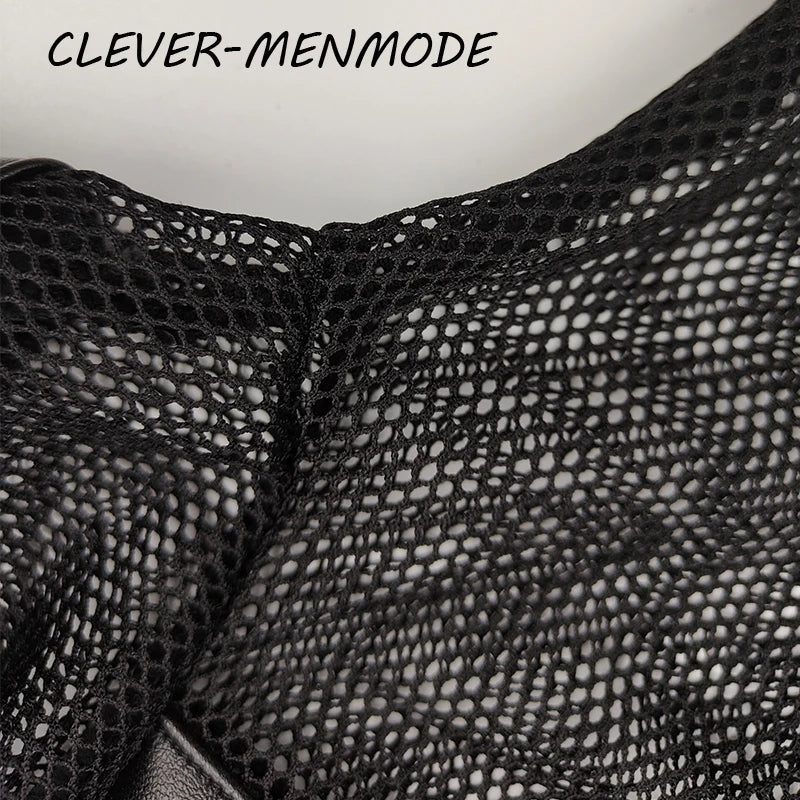 Men's Sexy Faux Leather Fishnet Short Sleeve Cutout PU T Sleeve Breathable V-Neck Short Sleeve Basketball Jersey Sportswear